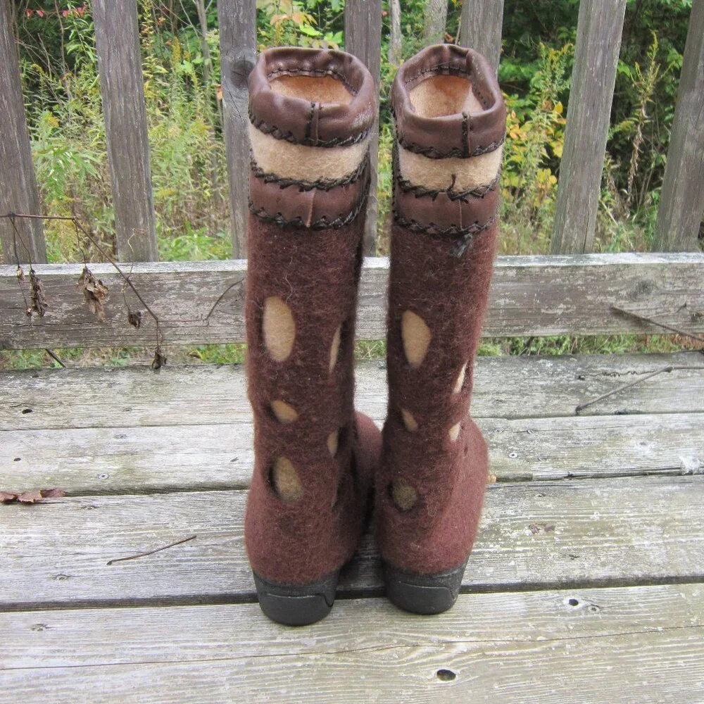 Women's Handmade Wool Boots Size 6.5/ 37 EU Latex-Free Brown Warm Boots Flower